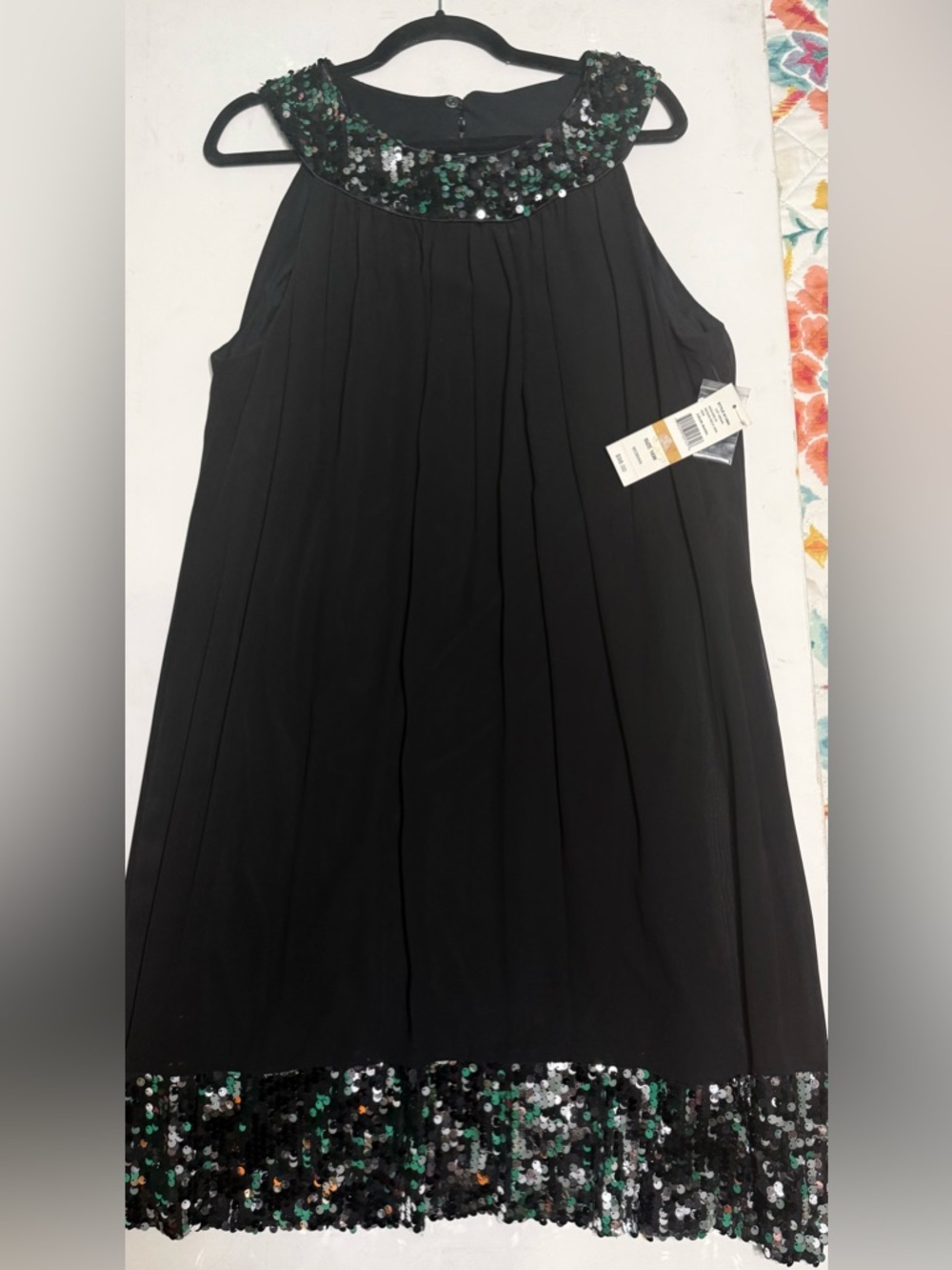 SL Fashions Black Asymmetrical Dress with Black and Silver Sequin Trim